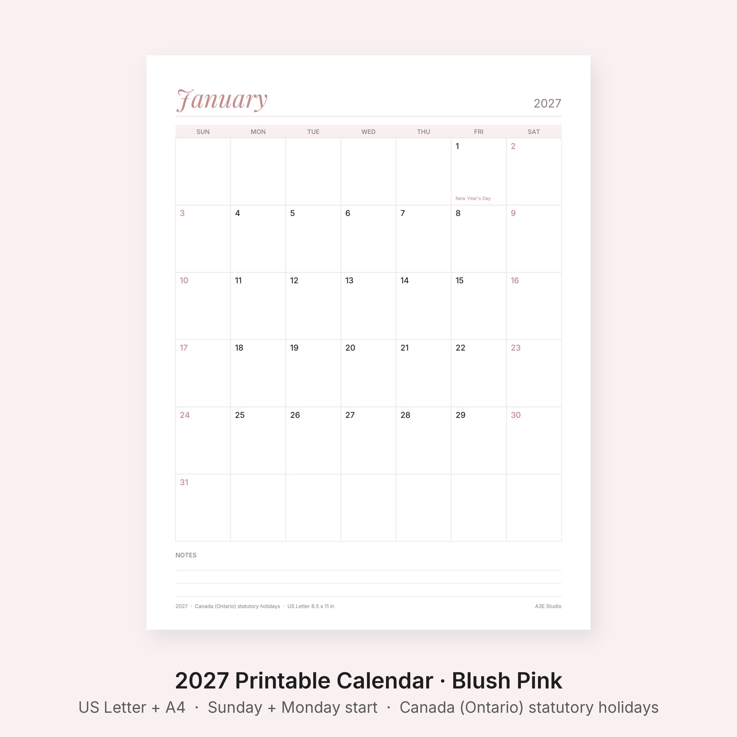 2027 Printable Calendar Blush Pink