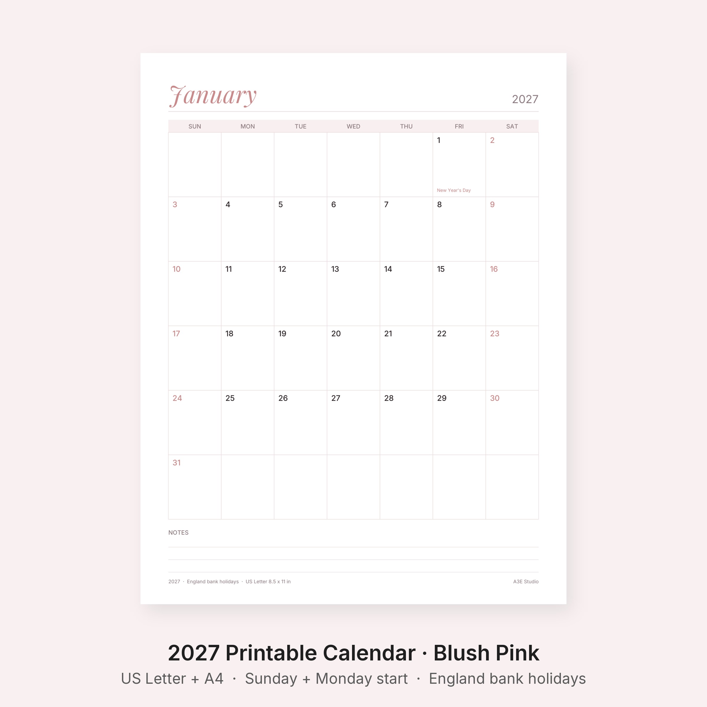2027 Printable Calendar Blush Pink