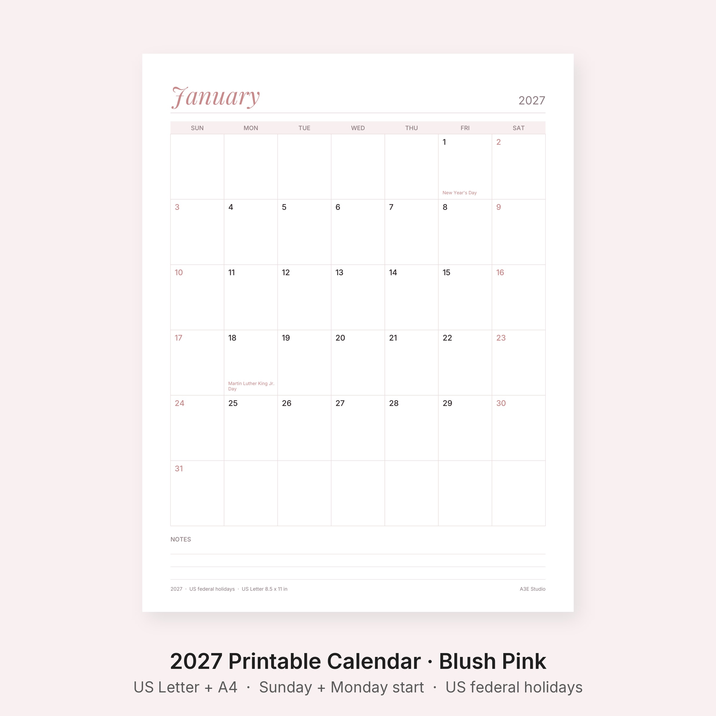 2027 Printable Calendar Blush Pink