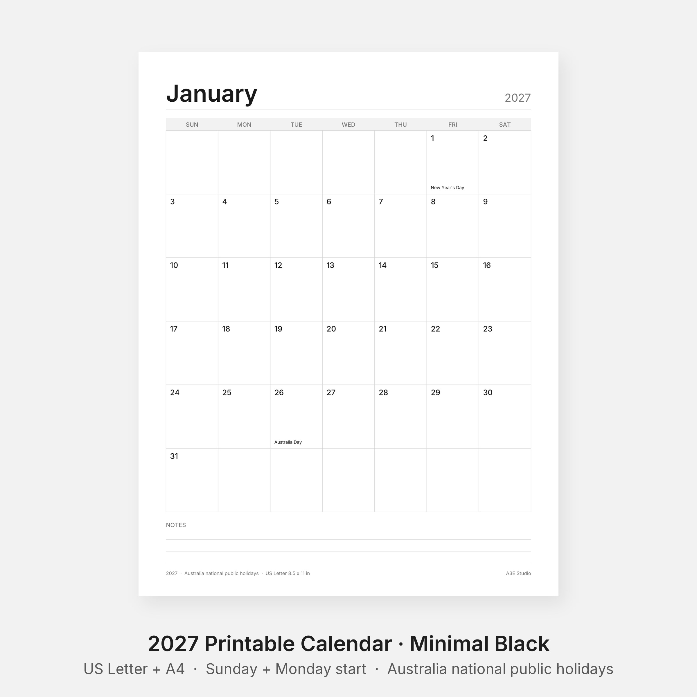 2027 Printable Calendar Minimal Black