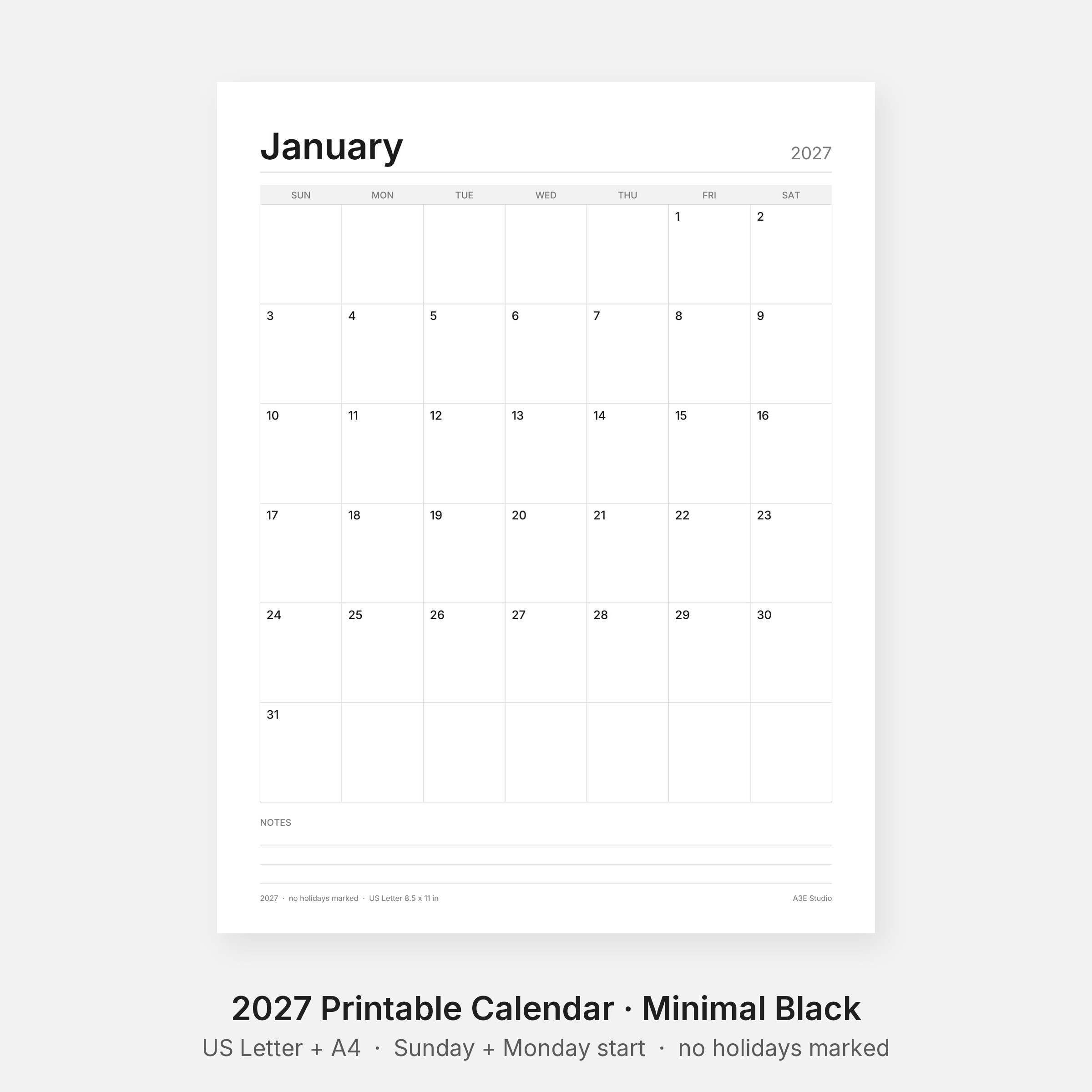 2027 Printable Calendar Minimal Black
