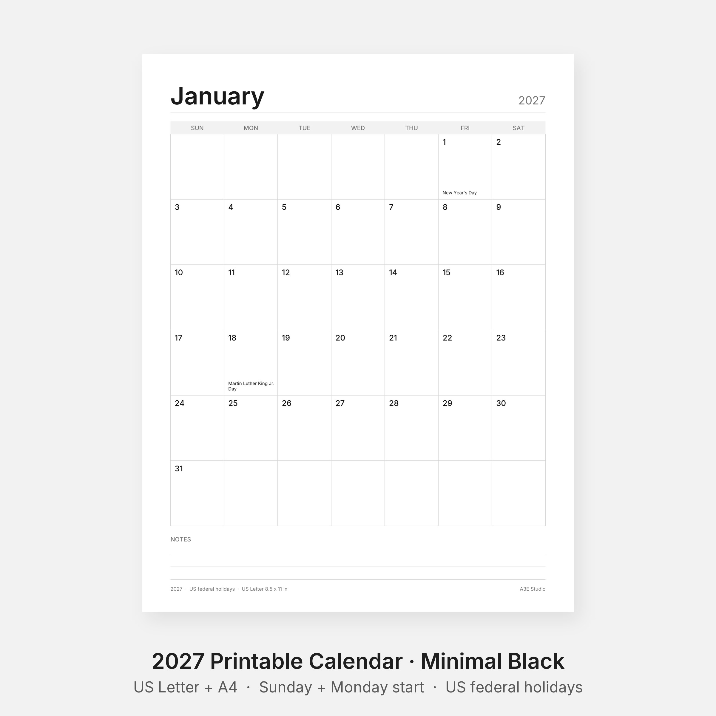2027 Printable Calendar Minimal Black