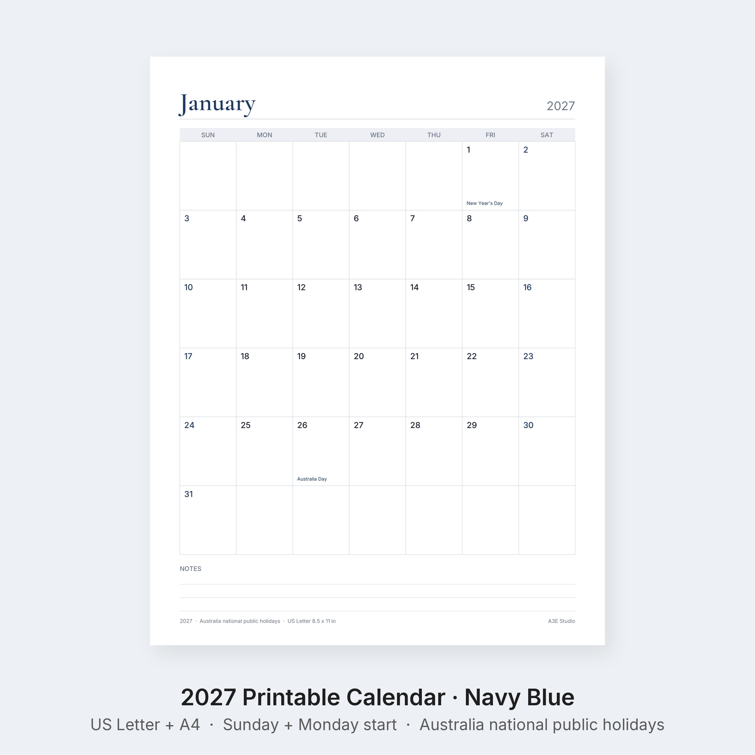 2027 Printable Calendar Navy Blue