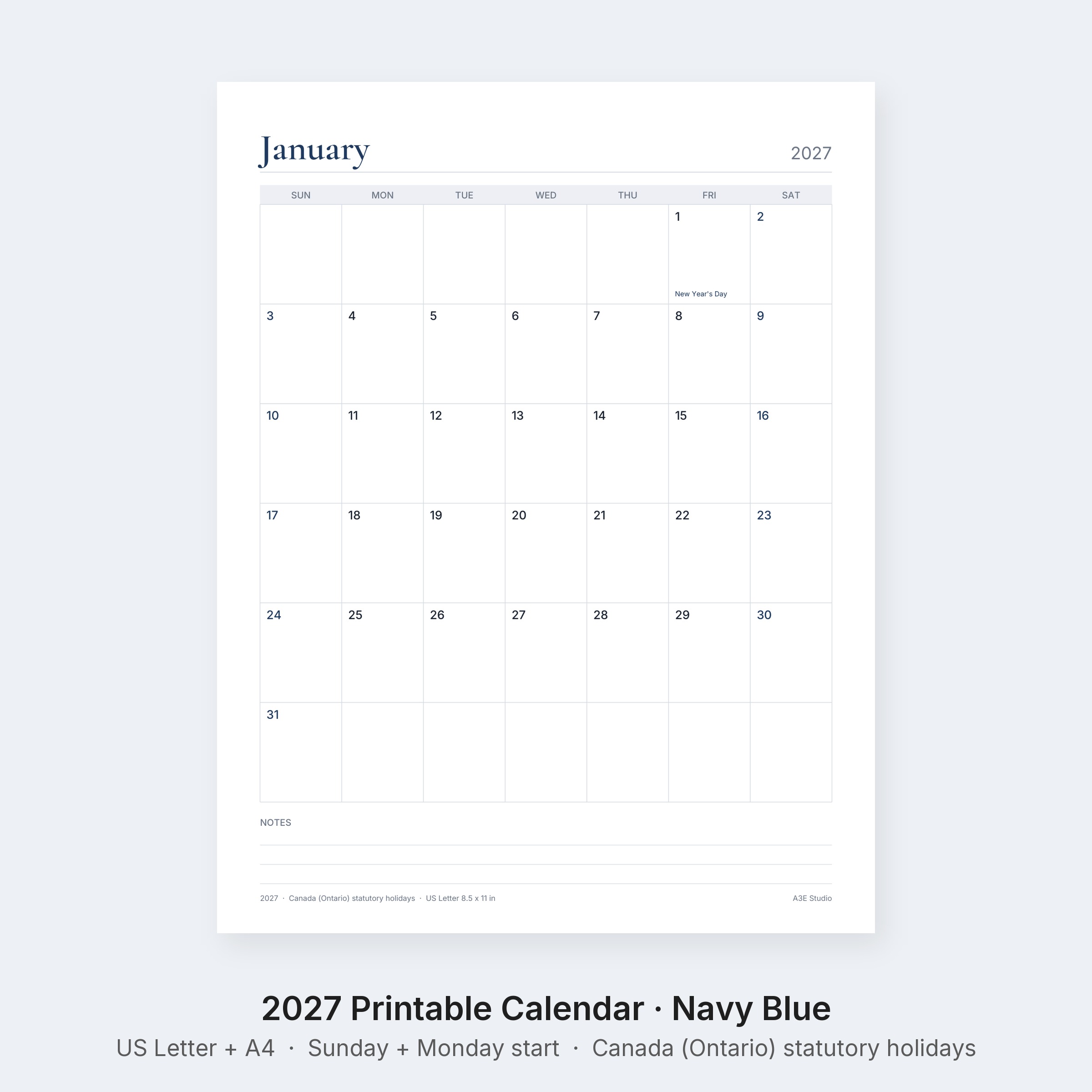 2027 Printable Calendar Navy Blue