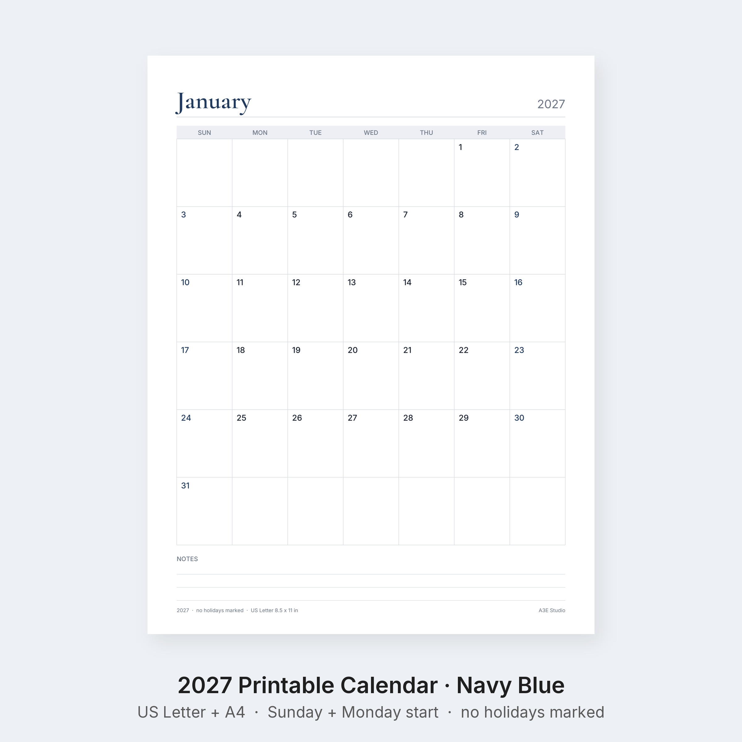 2027 Printable Calendar Navy Blue