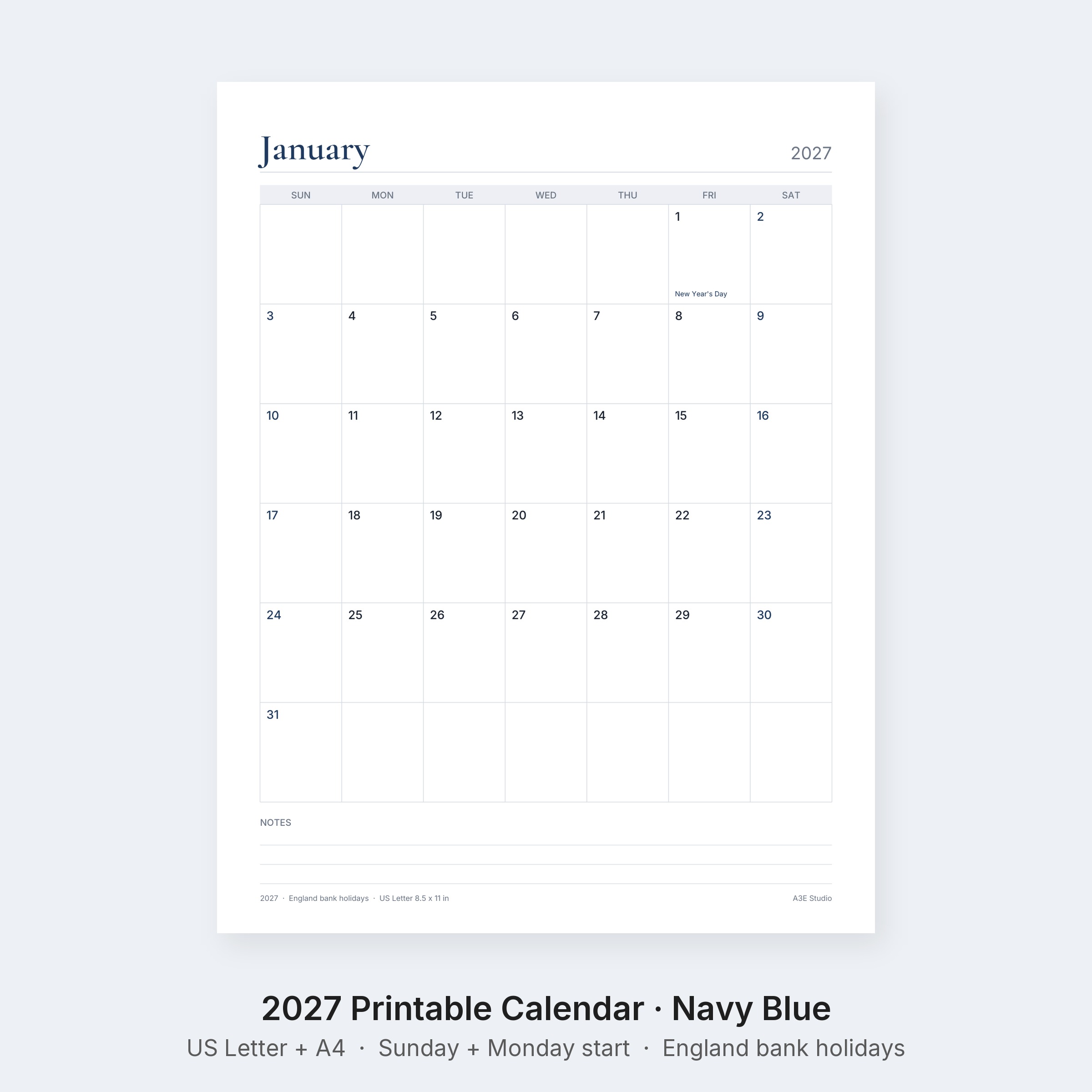 2027 Printable Calendar Navy Blue