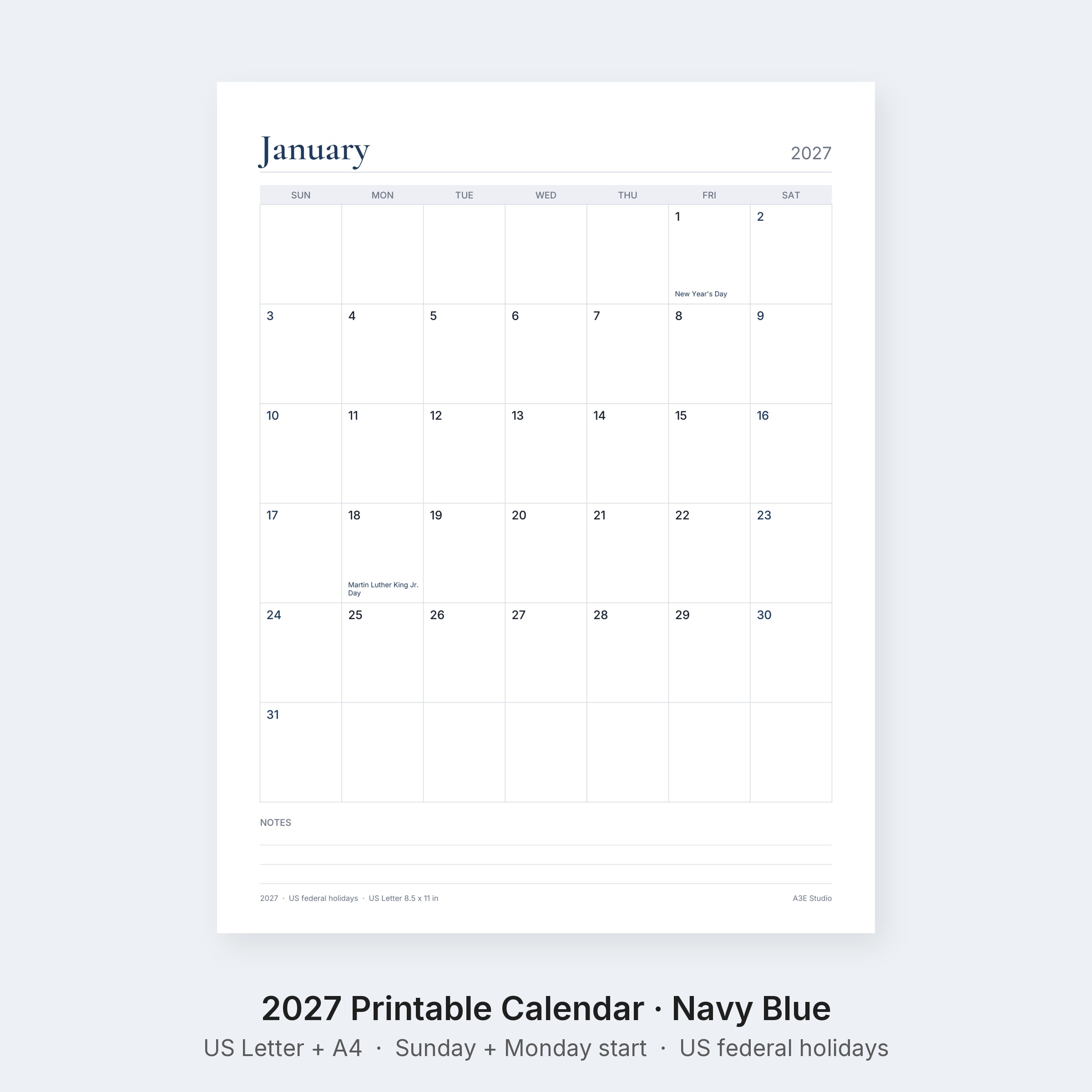 2027 Printable Calendar Navy Blue