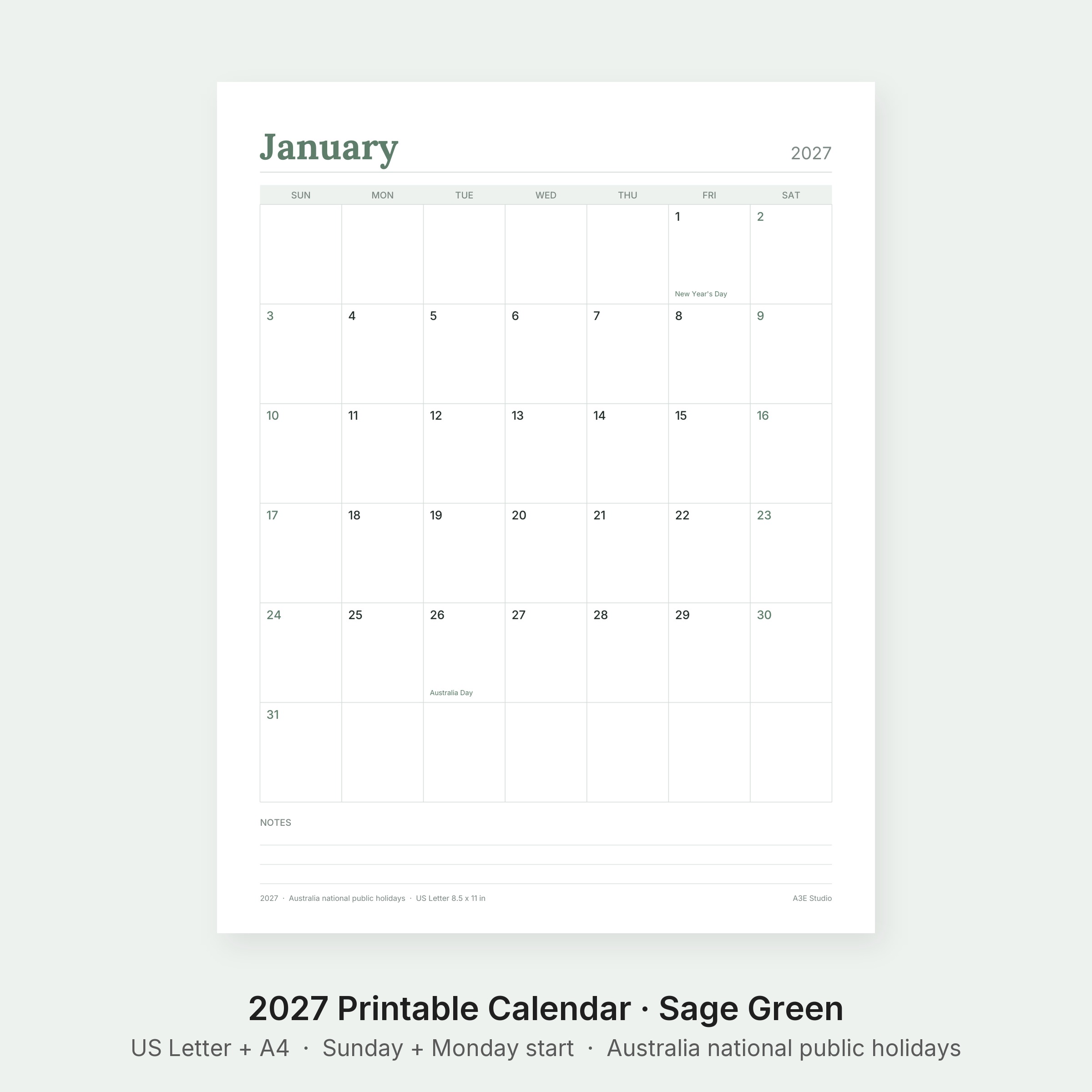 2027 Printable Calendar Sage Green