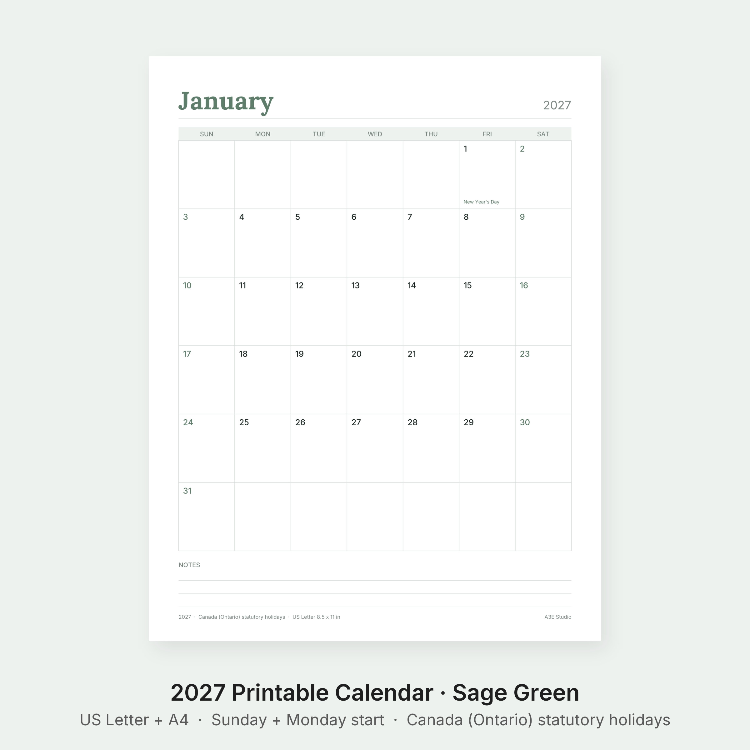 2027 Printable Calendar Sage Green