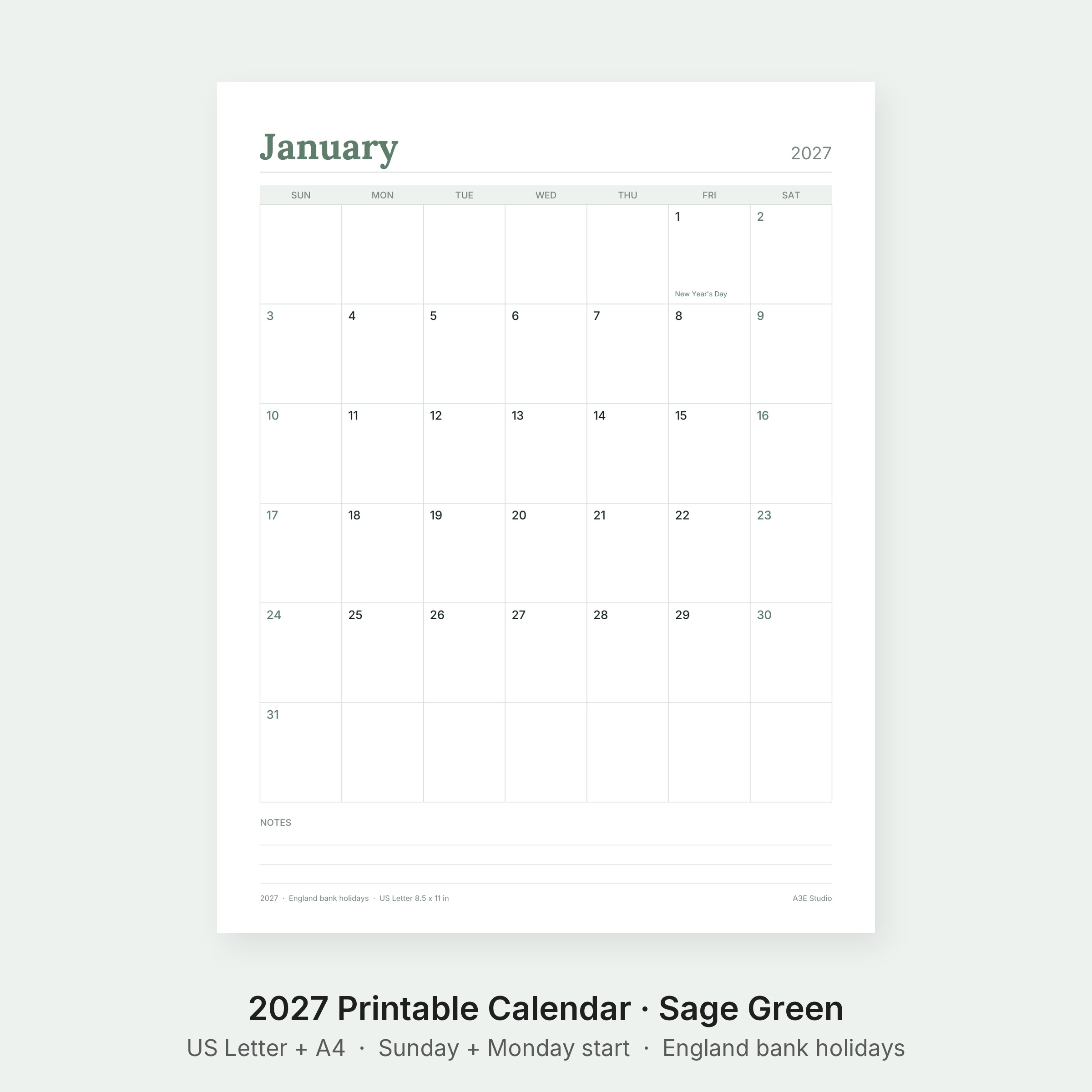 2027 Printable Calendar Sage Green