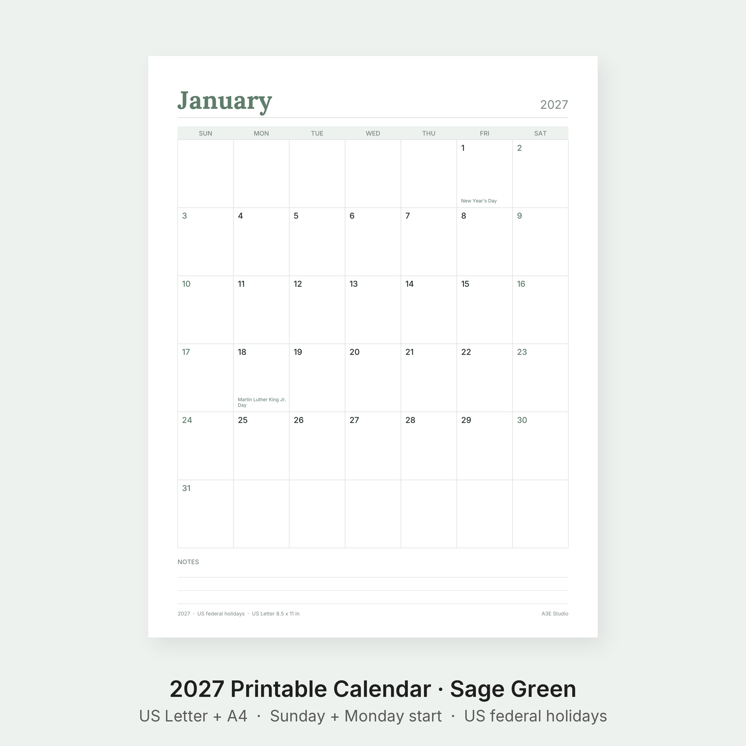 2027 Printable Calendar Sage Green