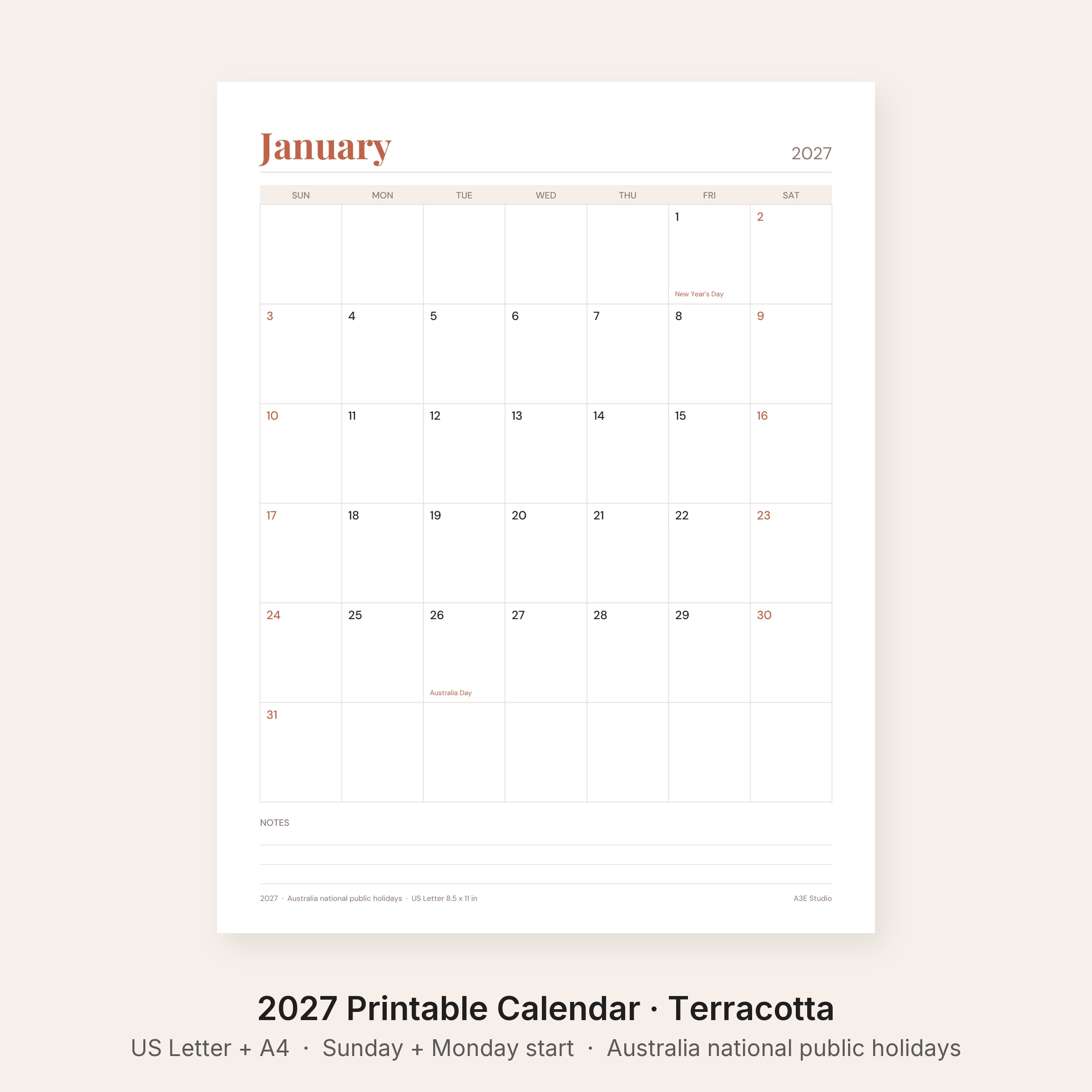 2027 Printable Calendar Terracotta