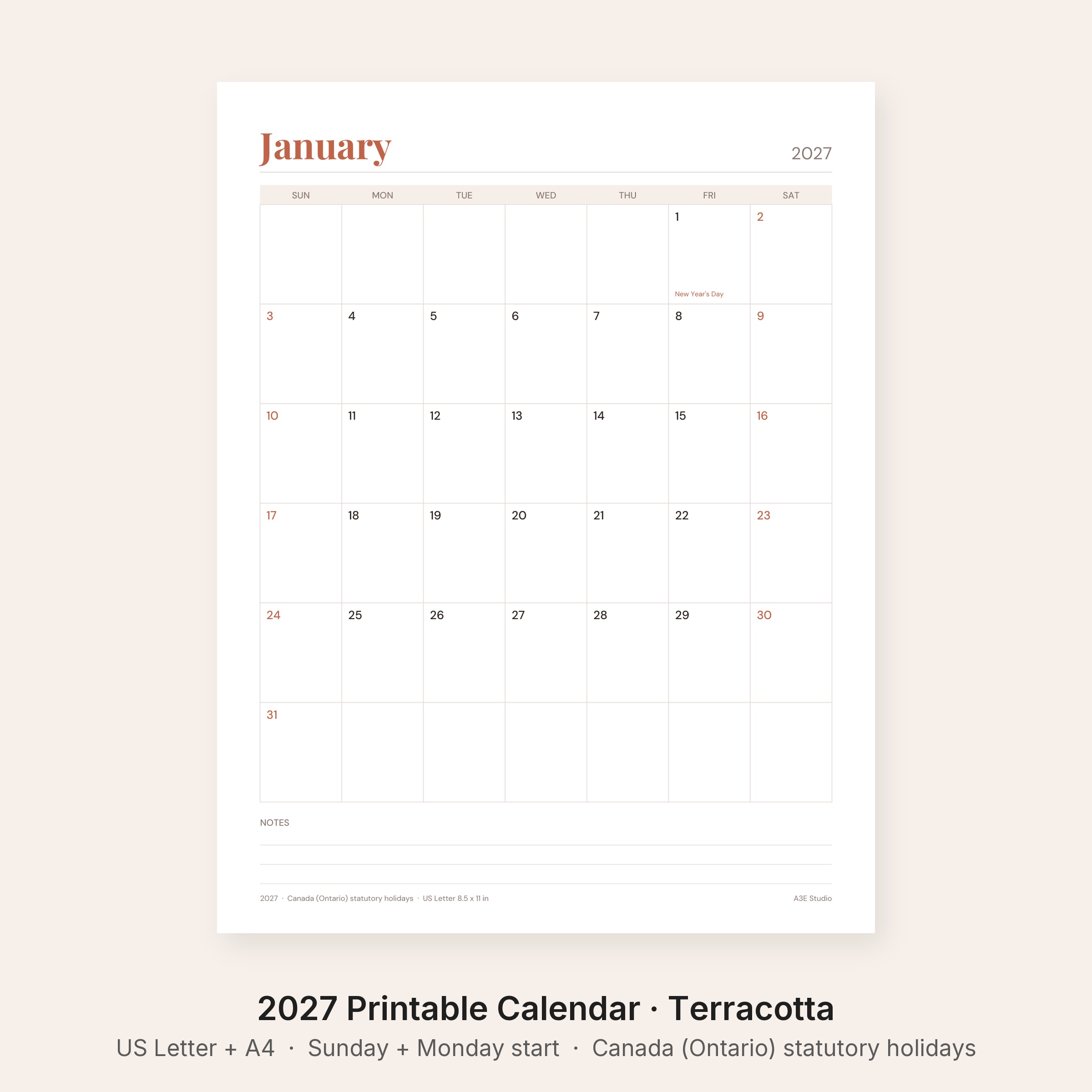 2027 Printable Calendar Terracotta