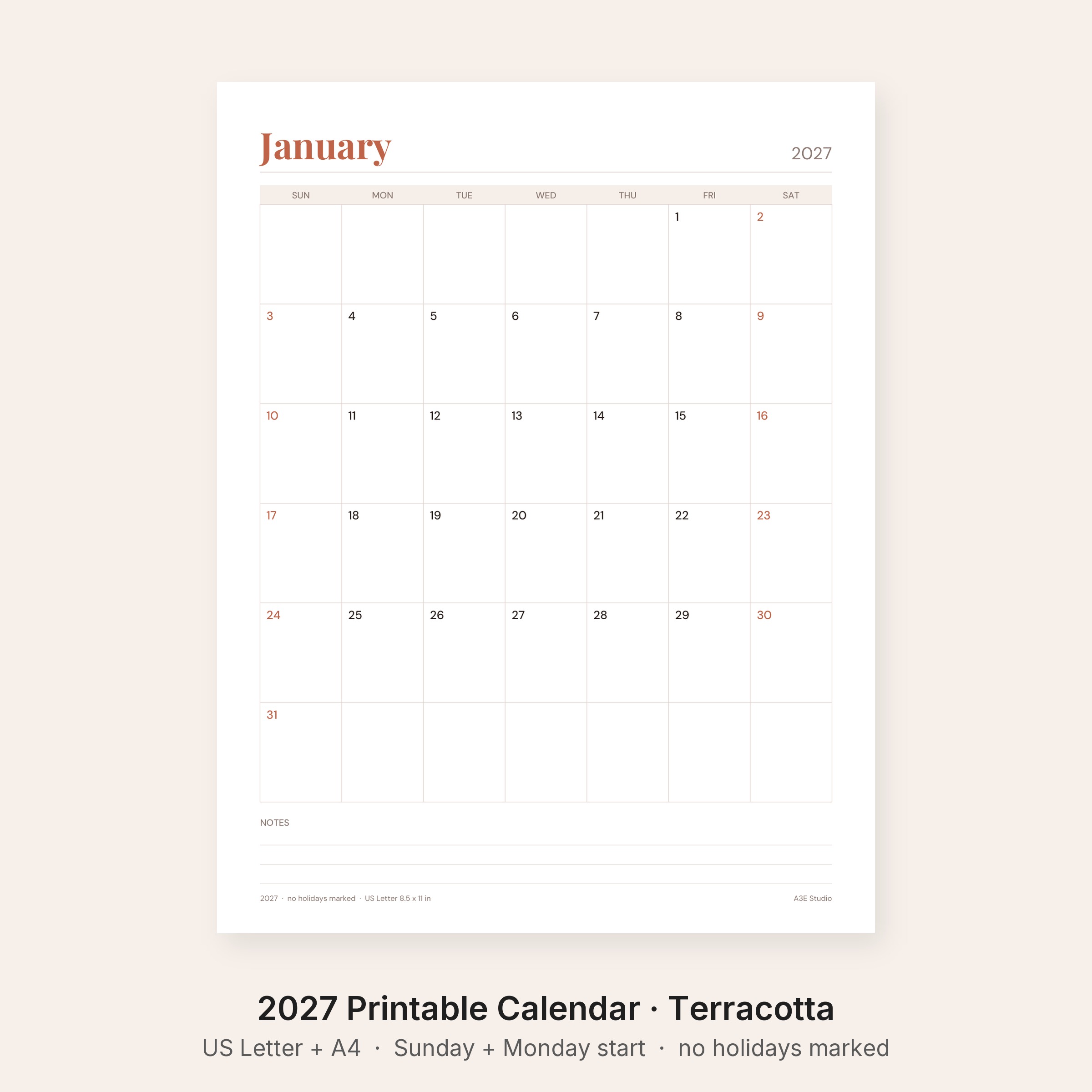 2027 Printable Calendar Terracotta
