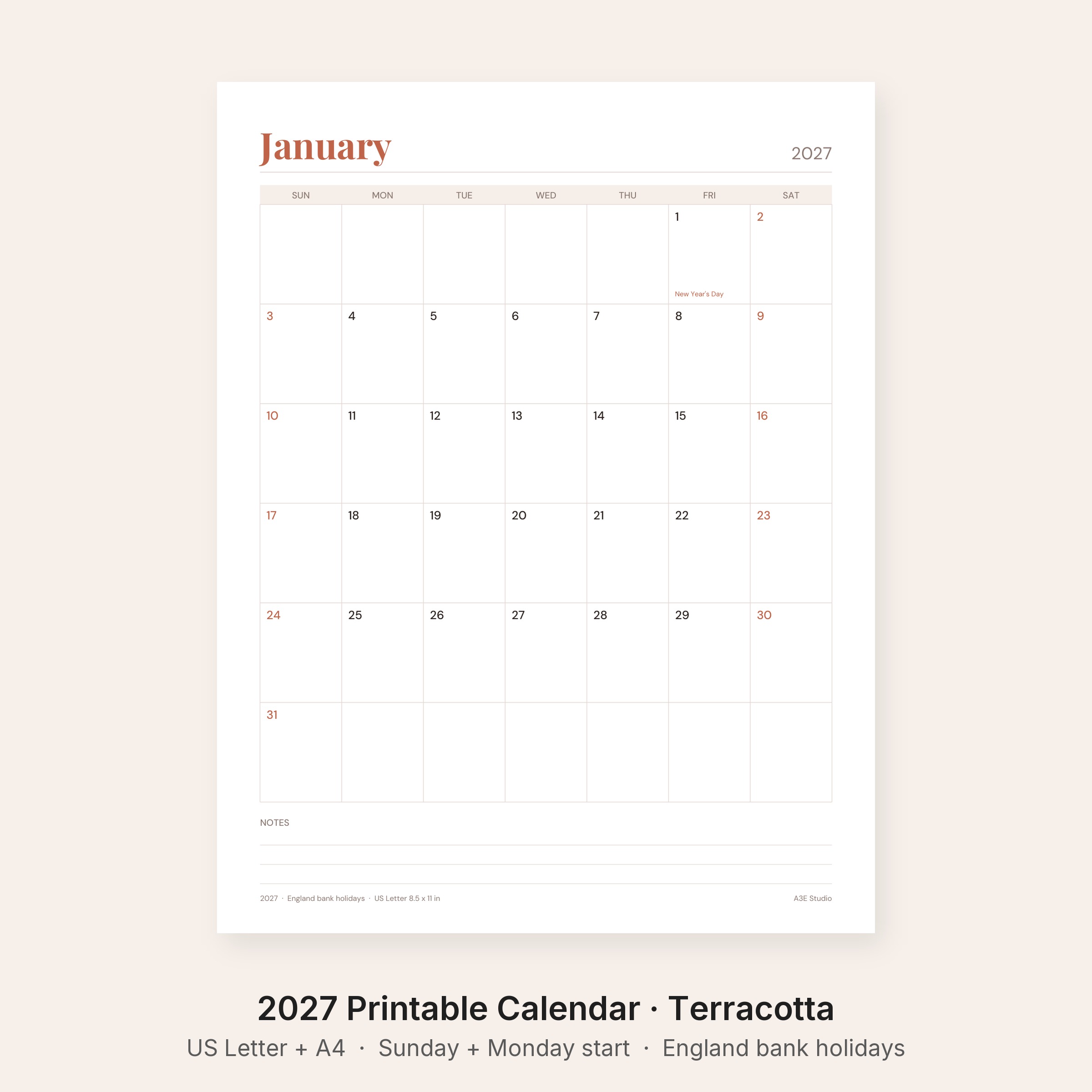 2027 Printable Calendar Terracotta