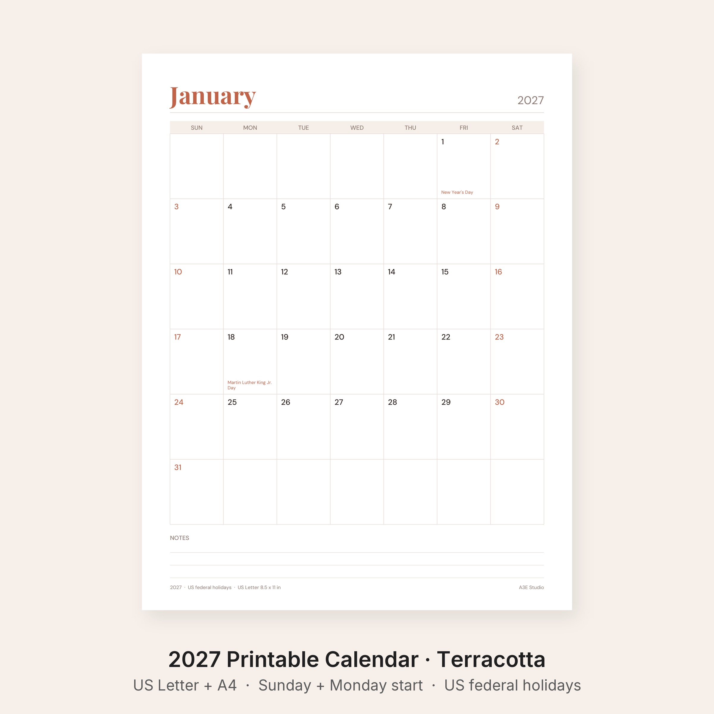 2027 Printable Calendar Terracotta
