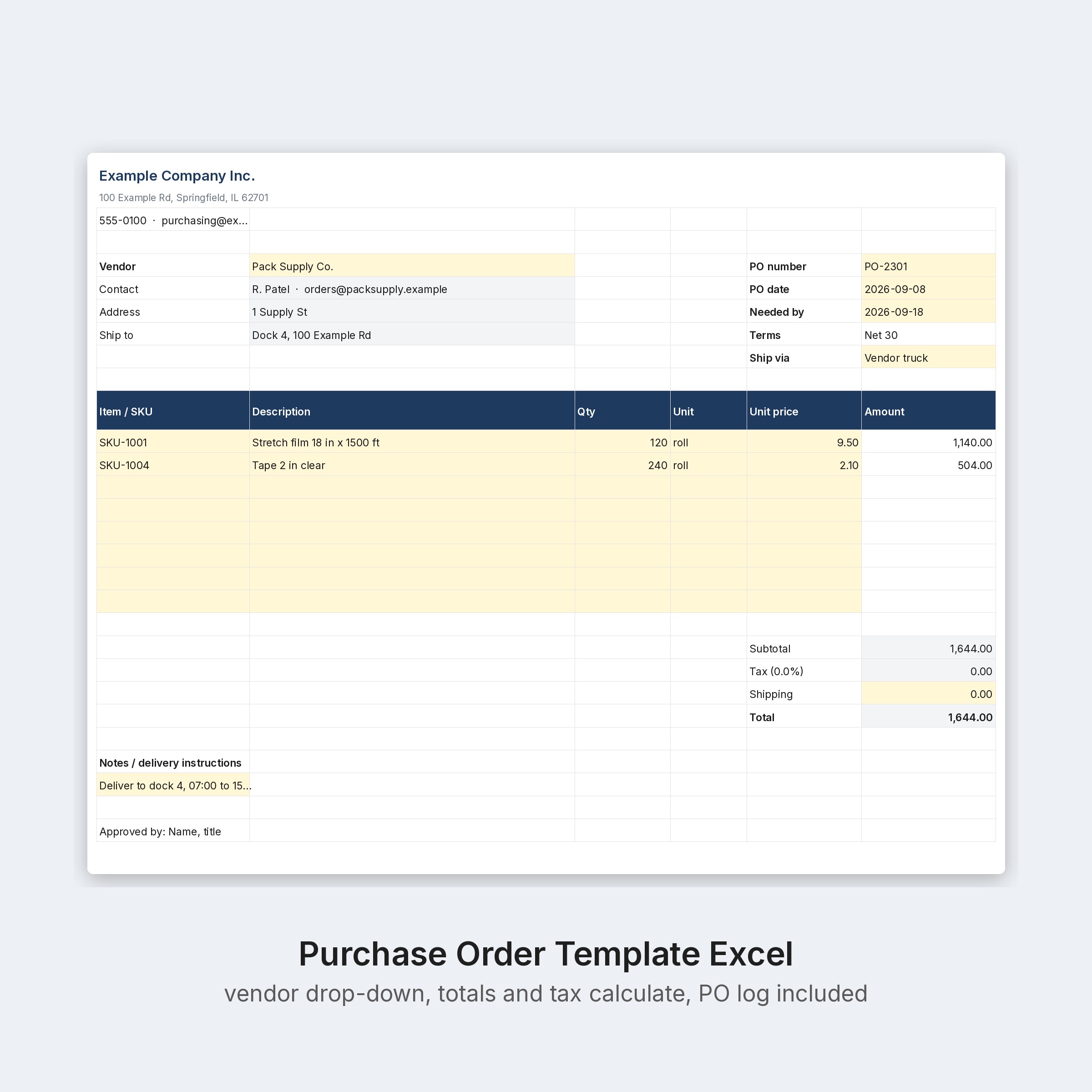 Purchase Order Template Excel