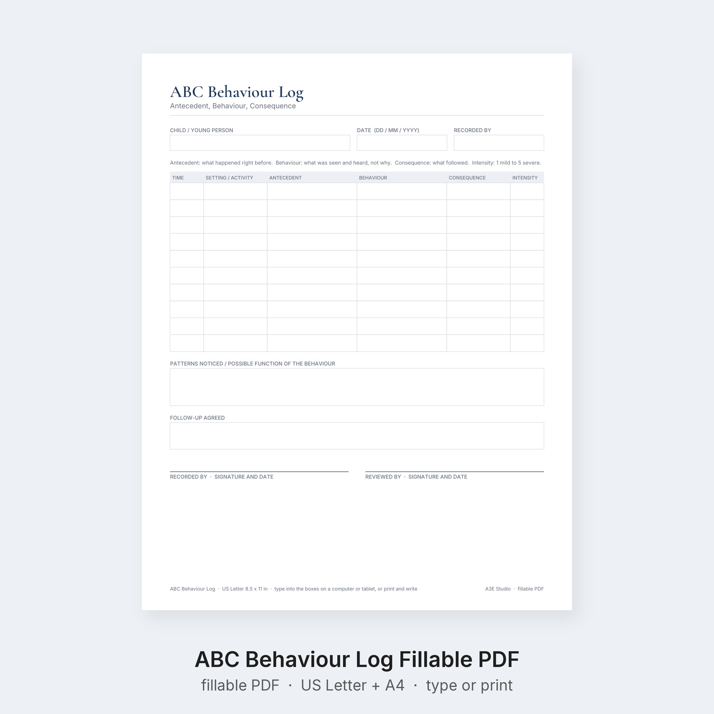 ABC Behaviour Log Fillable PDF