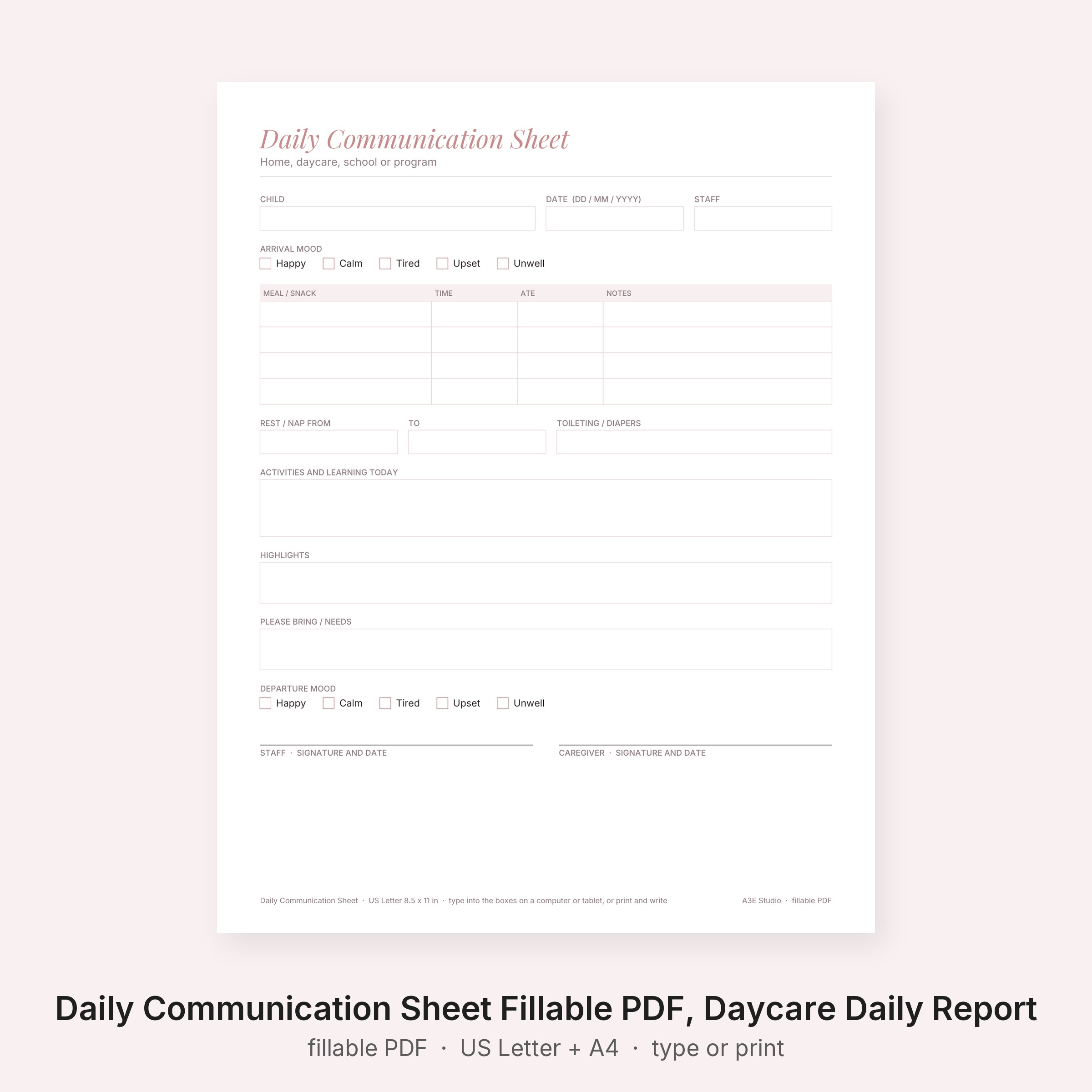 Daily Communication Sheet Fillable PDF