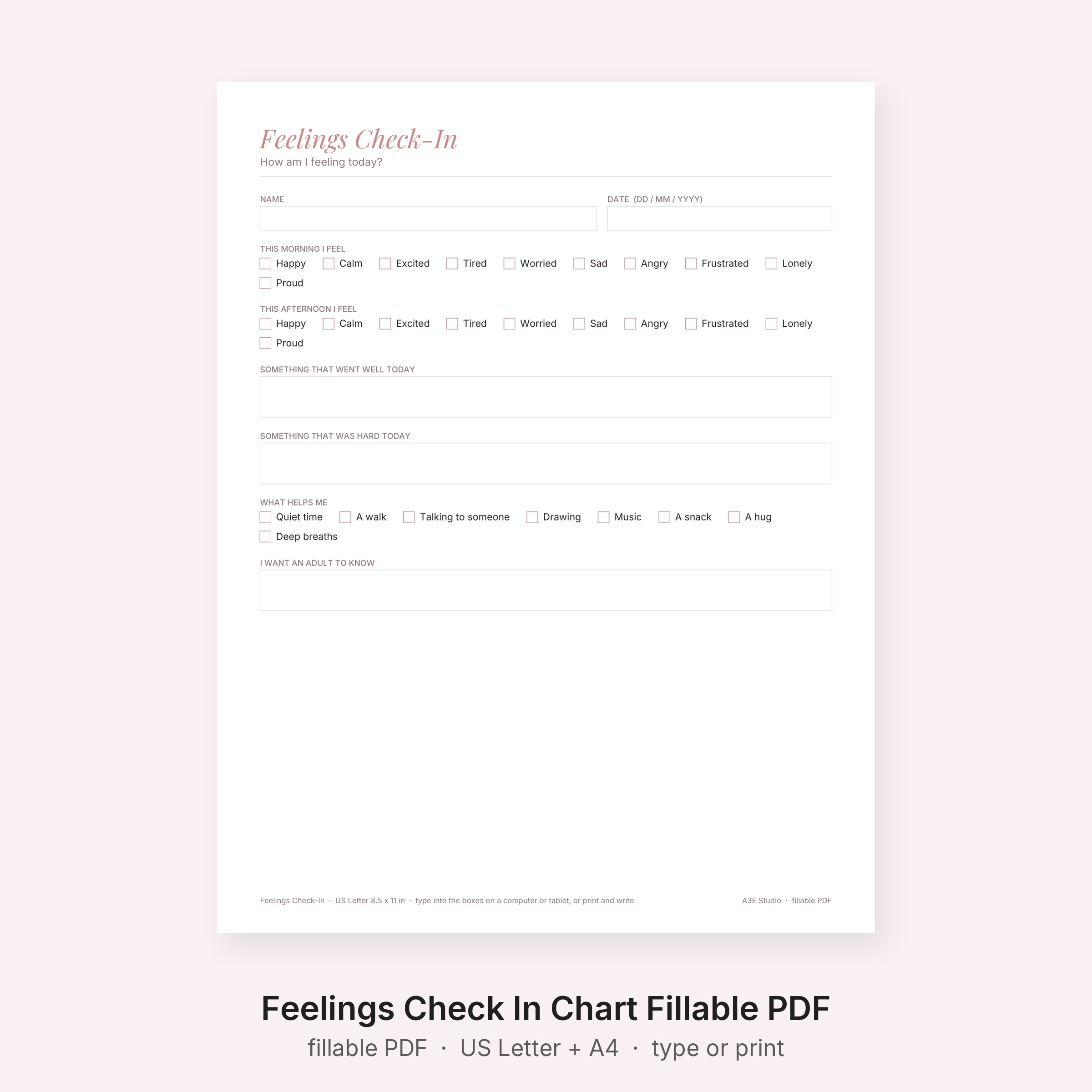 Feelings Check In Chart Fillable PDF
