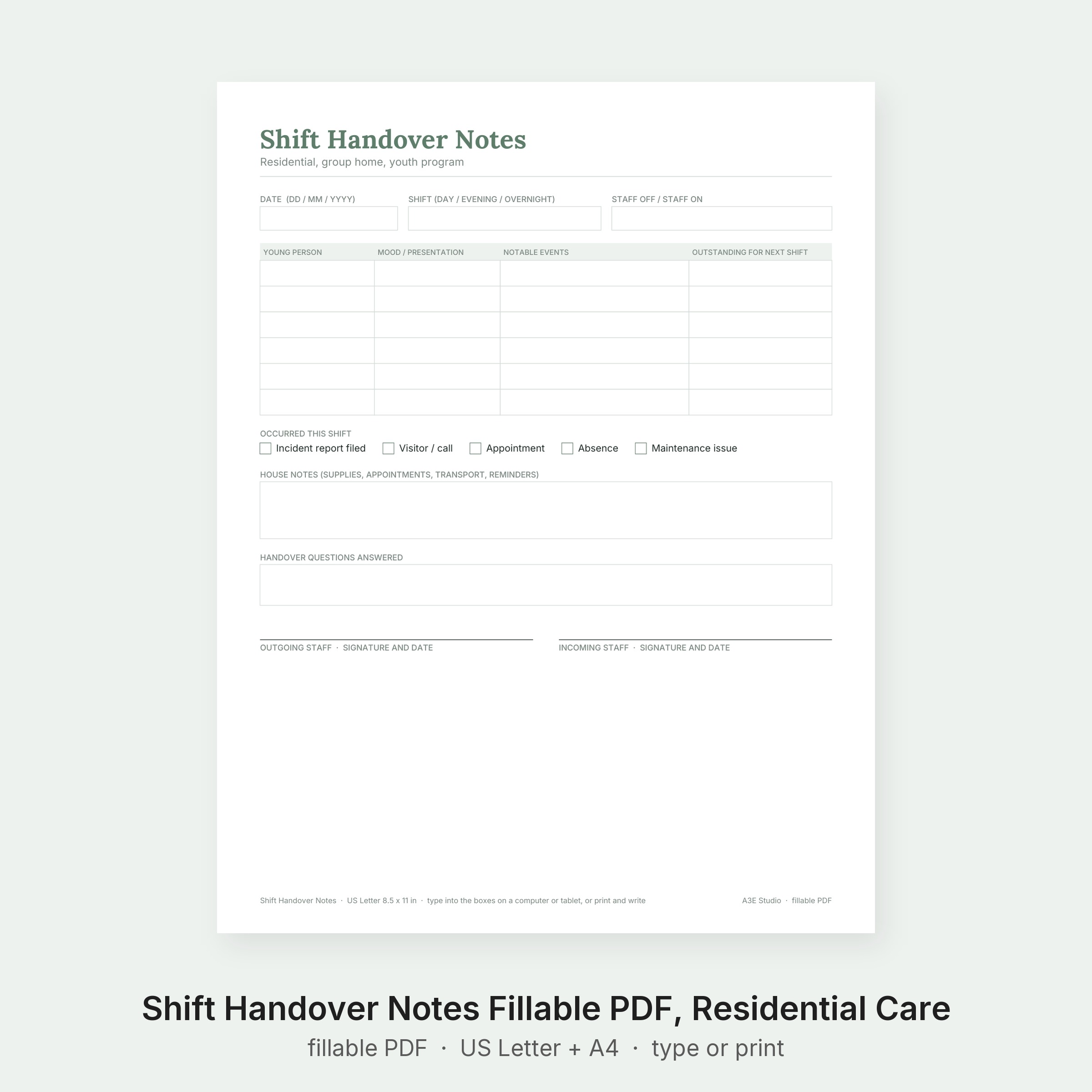Shift Handover Notes Fillable PDF