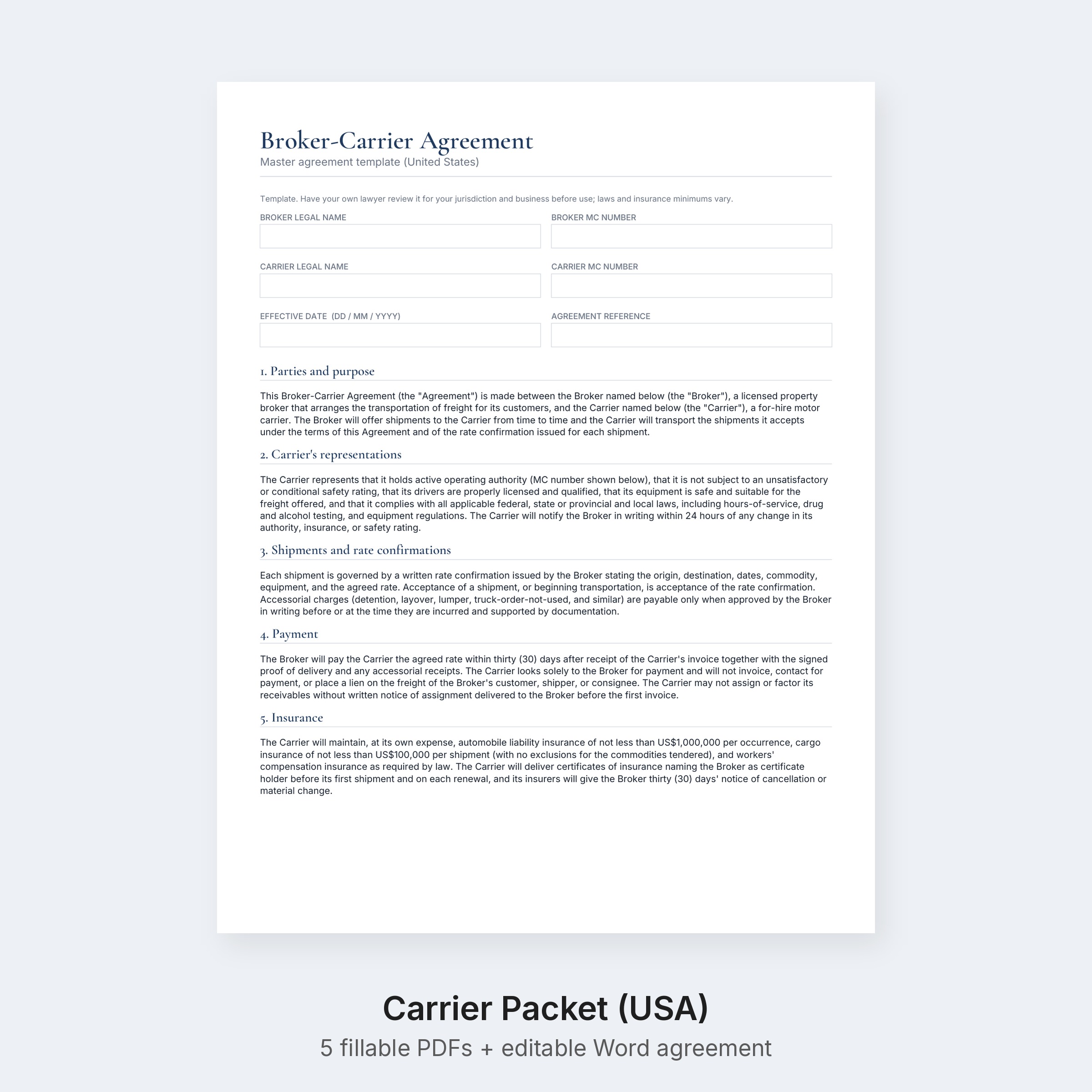 Carrier Packet Template USA
