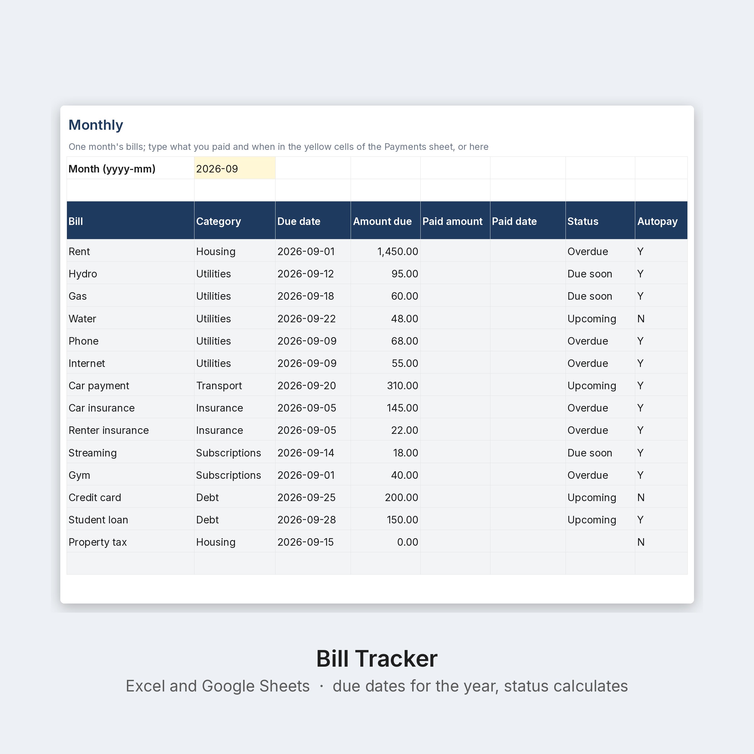 Bill Tracker Spreadsheet