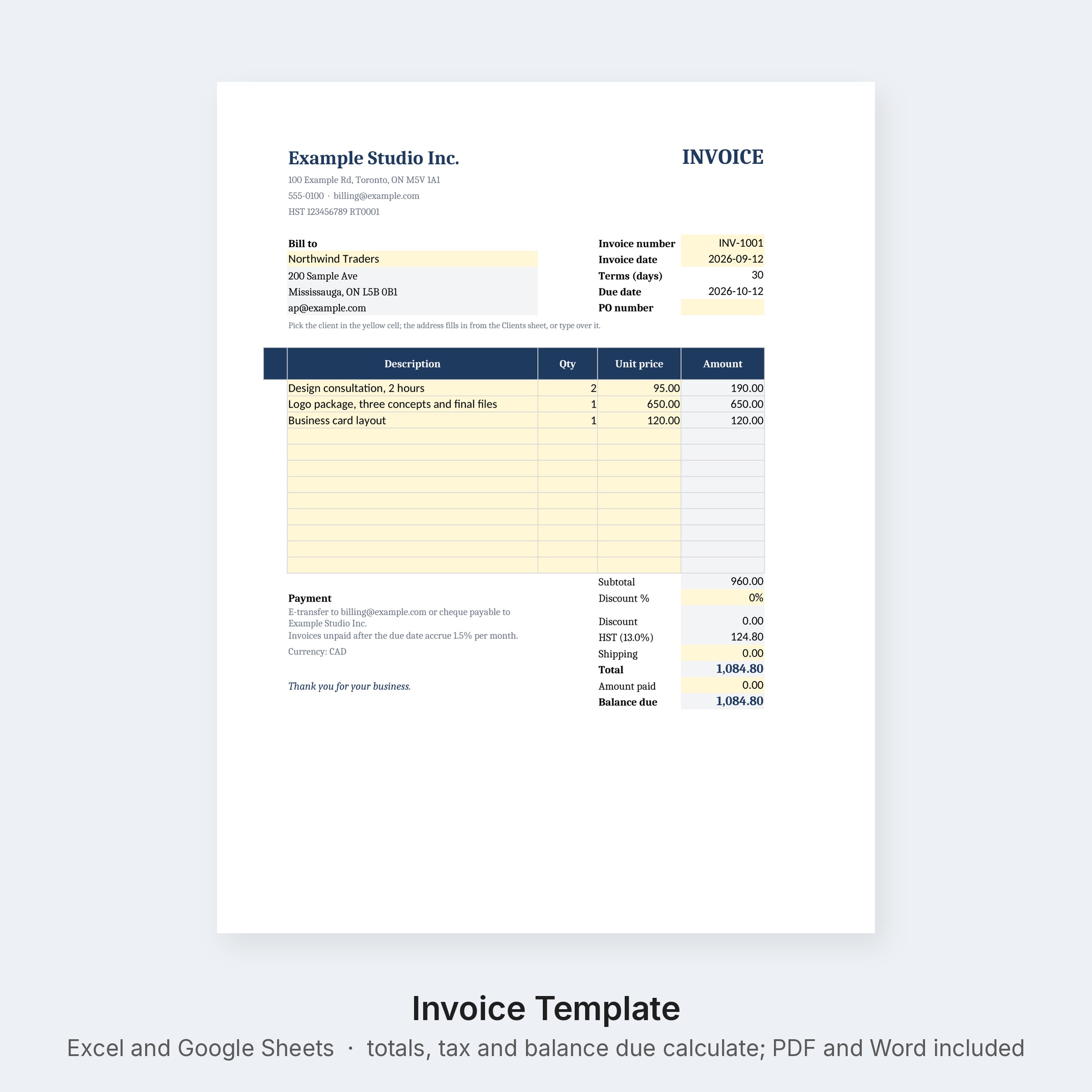 Invoice Template Excel and Google Sheets