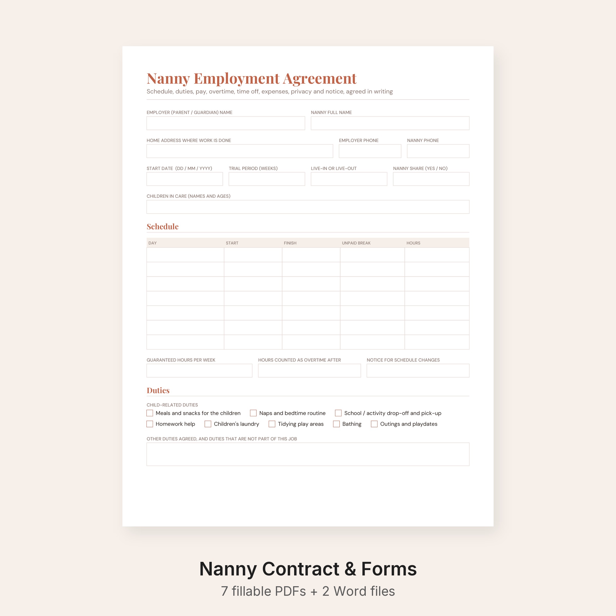 Nanny Contract Template and Nanny Forms Kit