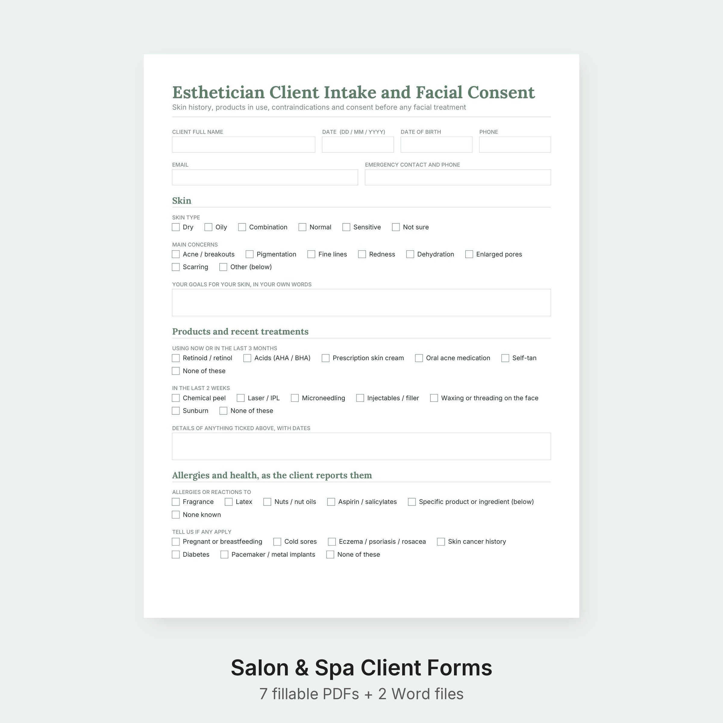 Esthetician Consent Forms and Salon Client Intake Kit
