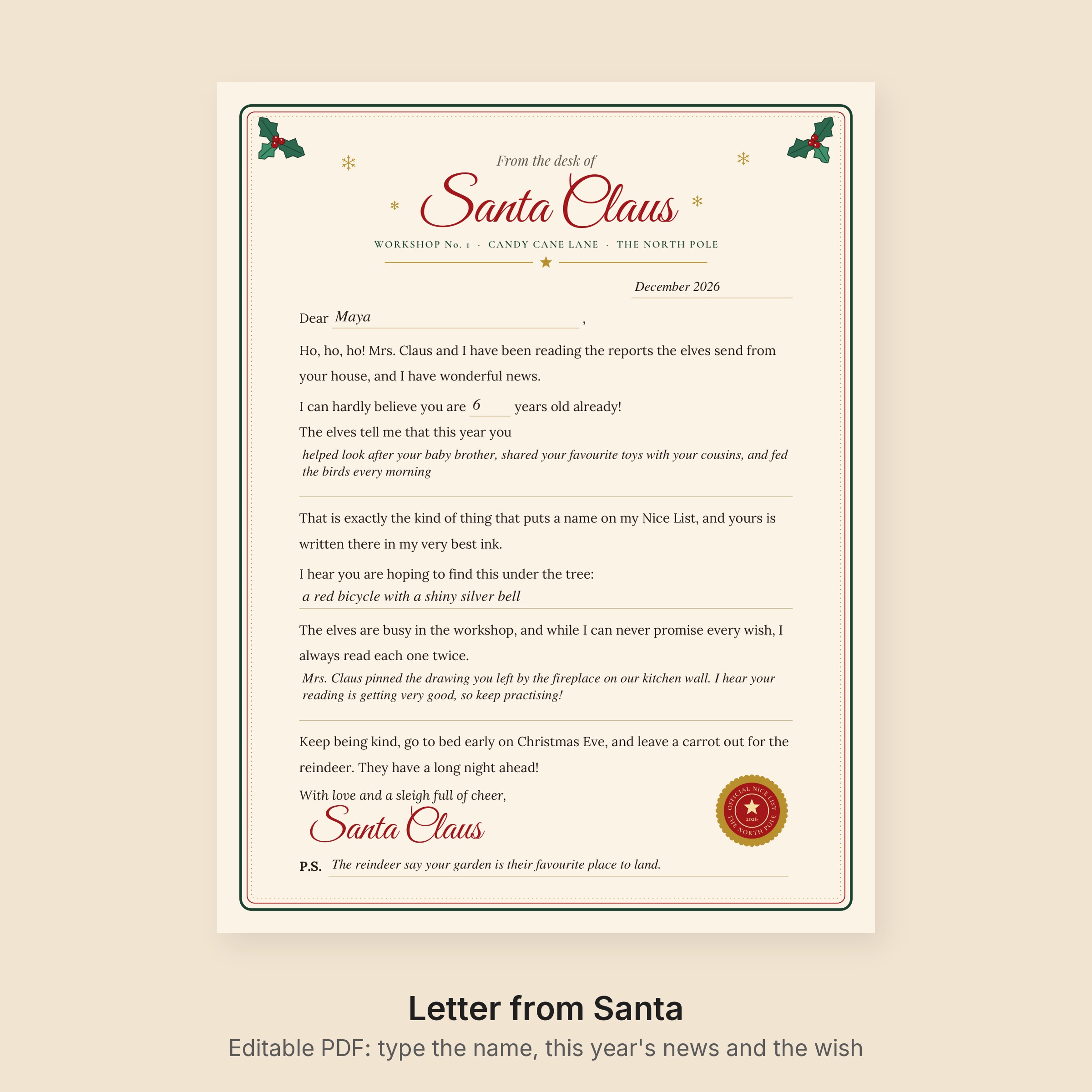 Letter from Santa Editable PDF