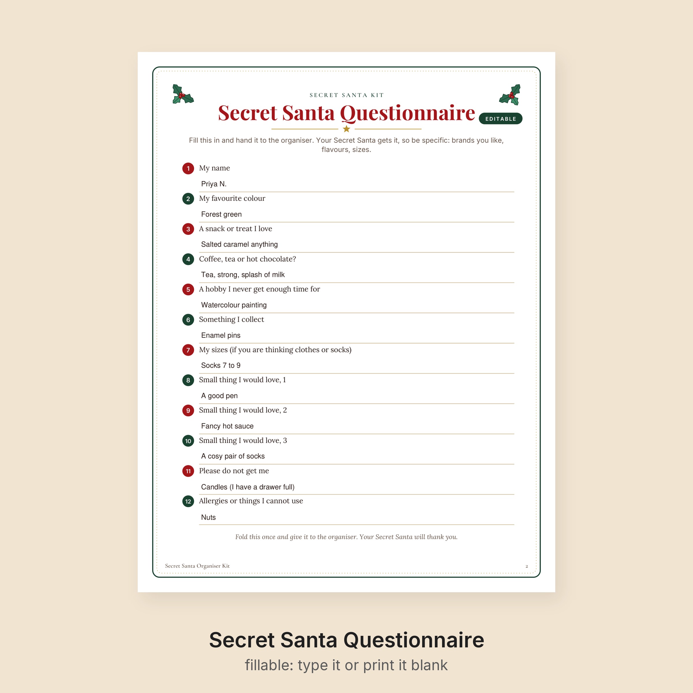 Secret Santa Questionnaire Editable PDF
